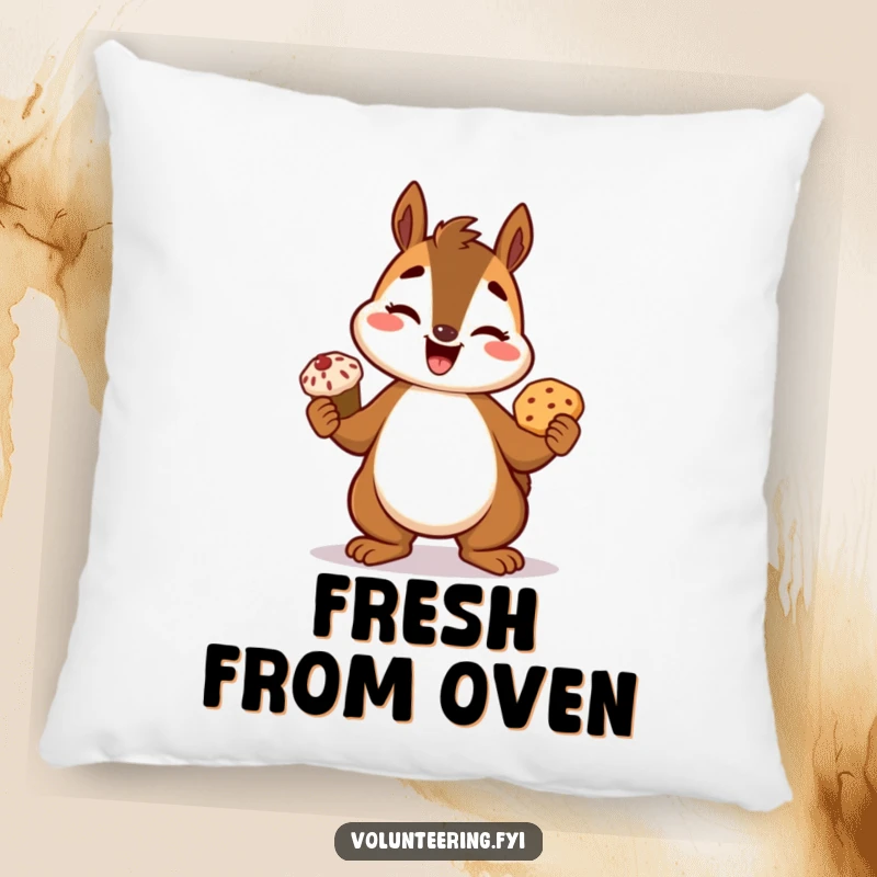Funny squirrel pillow, a happy cartoon squirrel proudly displaying a freshly baked treat, perfect for cozying up.