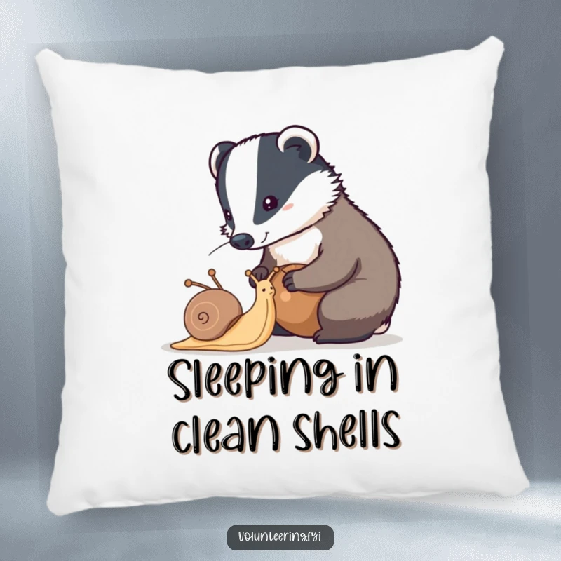 Funny badger pillow displaying a diligent badger helping a snail clean its shell, a soft cushion for focused comfort.