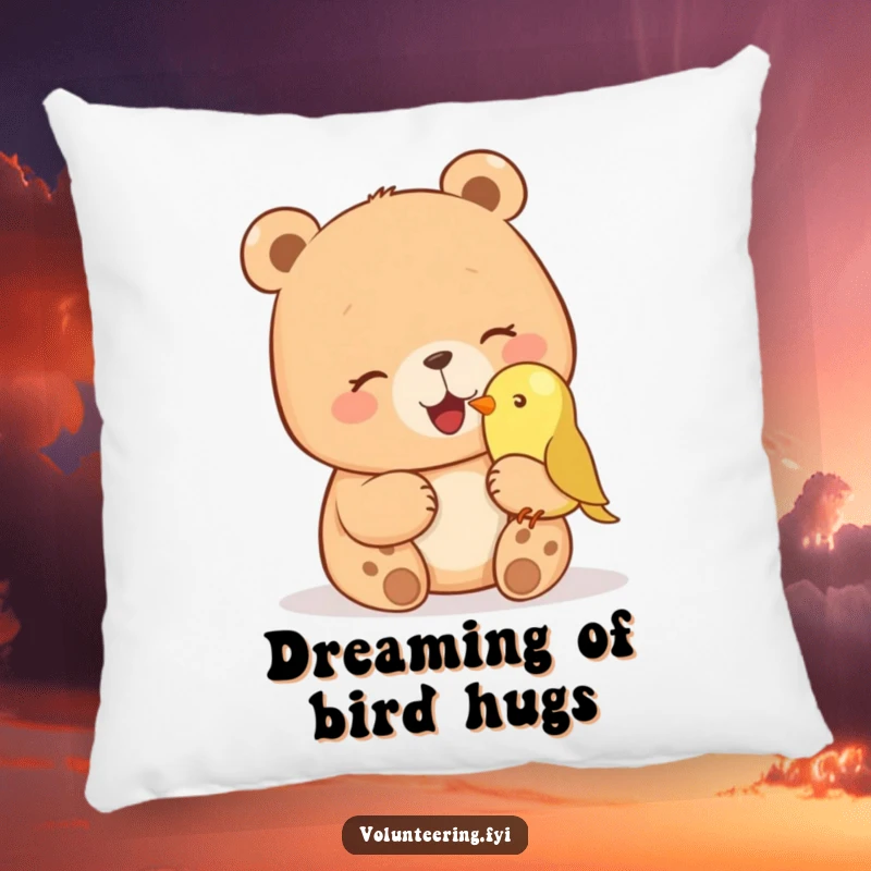 Funny pillow with a giggling bear petting a small bird on its nose, offering cozy humor and adorable wildlife charm. Ideal funny gift.