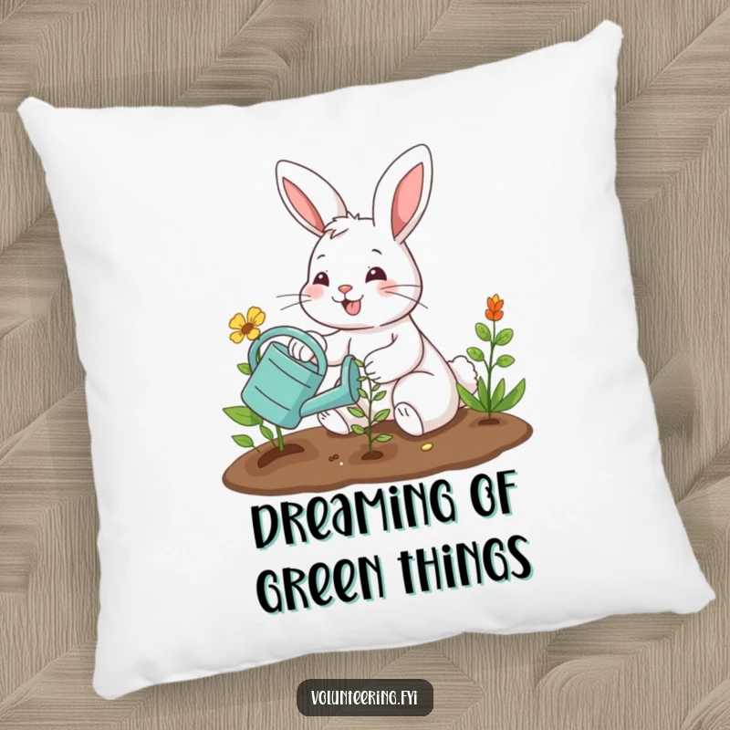 Funny pillow with a smiling bunny planting a seedling and watering can, offering cozy humor and cute gardening vibes. Ideal funny gift.