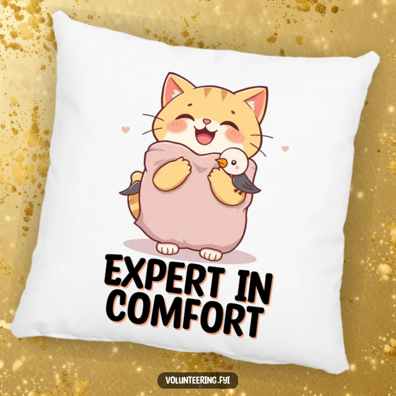 Funny cat pillow displaying a joyful cat offering a warm blanket to a shivering bird, a soft cushion for ultimate comfort.