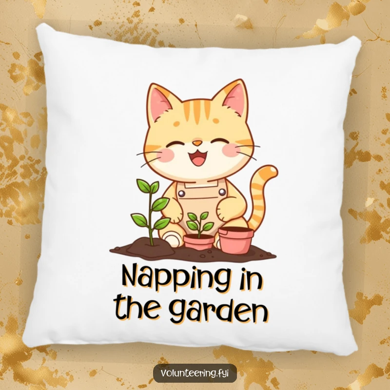 Funny cat wearing an apron planting a seedling on a soft pillow, bringing humorous and cozy garden vibes.