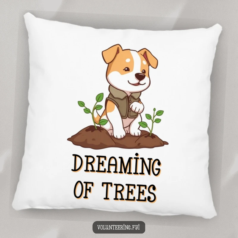 Funny pillow featuring a determined dog in a vest planting a tree, perfect for an eco-friendly room.