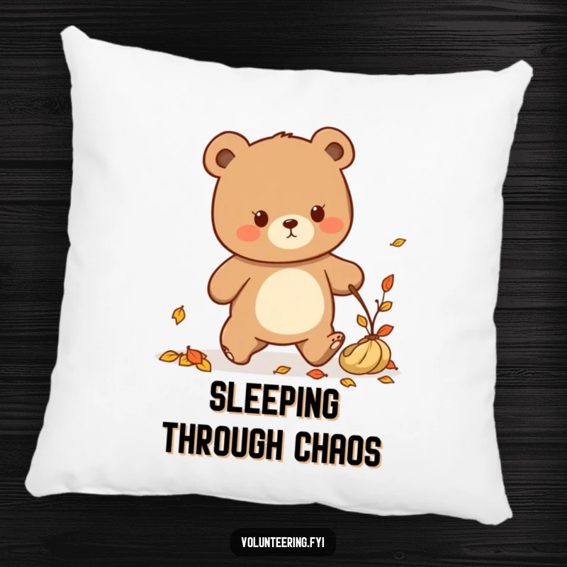 Funny Kawaii bear tidying up fallen leaves, plush pillow, cute autumn decor.
