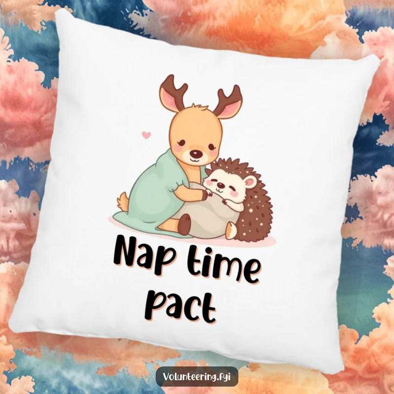 Funny pillow showcasing a Kawaii deer and hedgehog snuggled under a blanket, offering supreme comfort and adorable companionship.