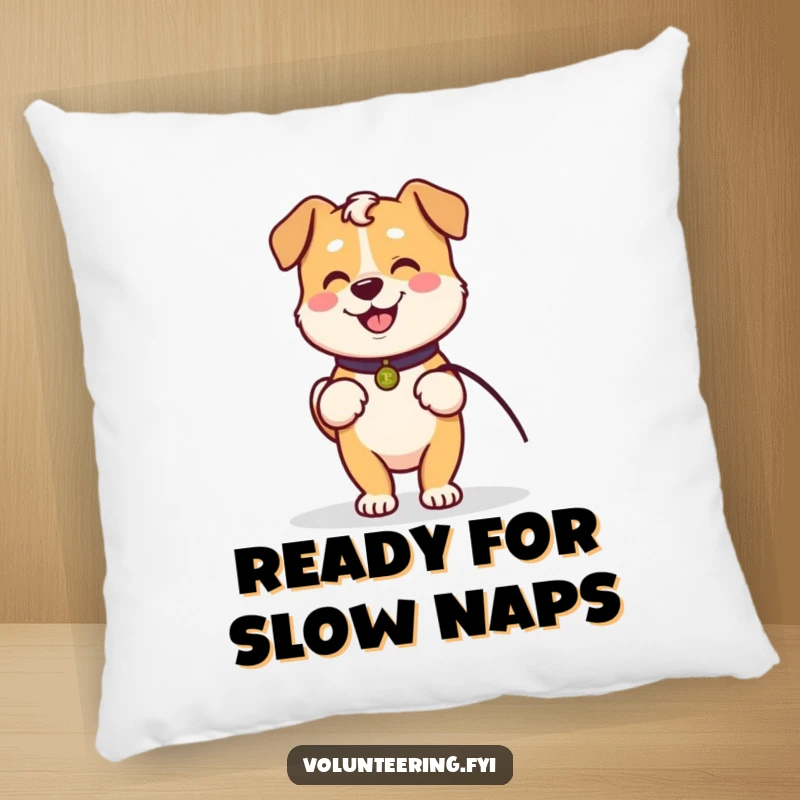 Funny pillow showcasing a Kawaii dog holding a leash, ready to walk with an elder, radiating comfort and loyalty.