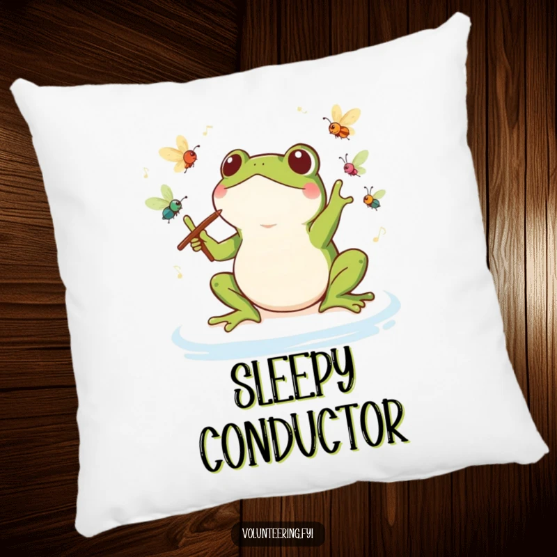 Funny Kawaii Frog Conductor Pillow: Soft pillow with a frog leading an insect orchestra, offering comfort and a humorous, musical theme.