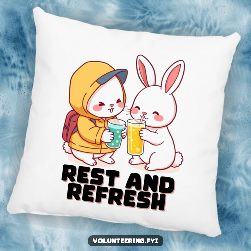 Funny Kawaii Rabbit Comfort Pillow: Soft pillow with a rabbit offering a drink to a friend, offering comfort and a theme of support.