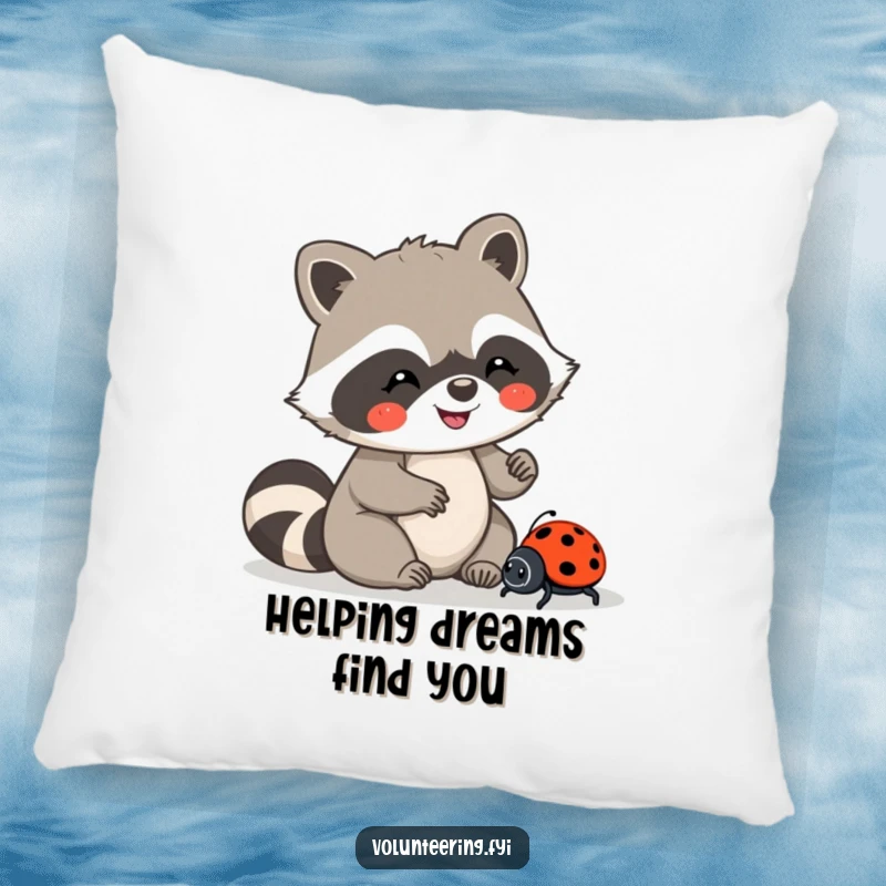 Funny pillow featuring a Kawaii raccoon character carefully guiding a lost ladybug, soft and cozy, a great funny gift.