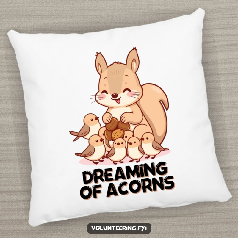 Funny kawaii squirrel pillow, depicting a cute squirrel sharing nuts with smaller birds, adding comfort and a touch of nature's generosity.