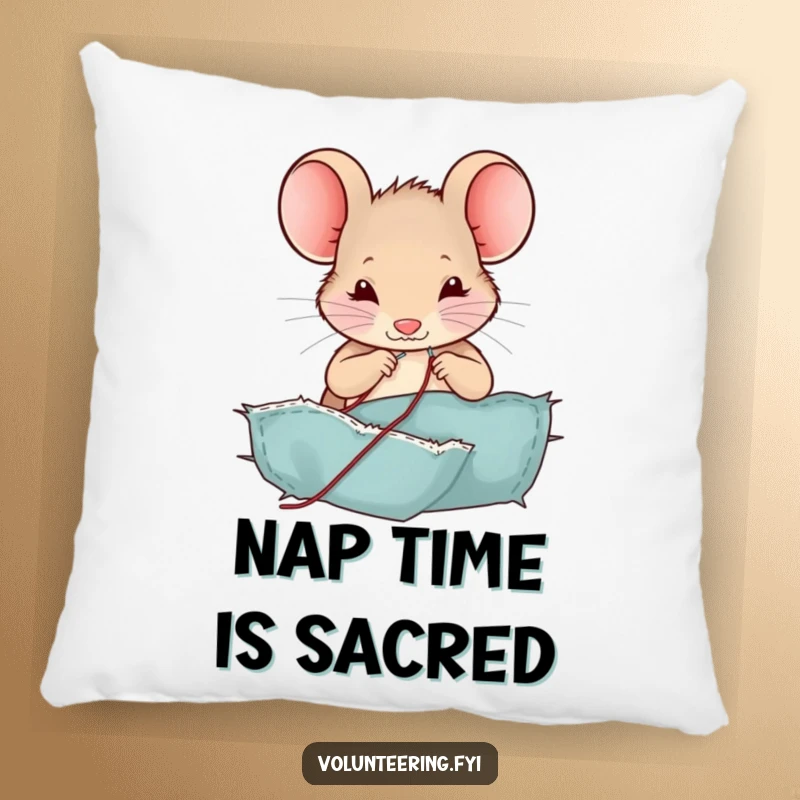 Funny mouse pillow, a contented character sewing a fabric tear using a miniature needle and thread, a soft and humorous decor item.