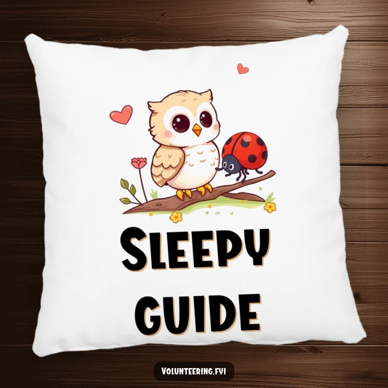 Funny pillow showcasing a gentle owl guiding a ladybug, perfect for adding comfort and a humorous touch to beds or sofas.