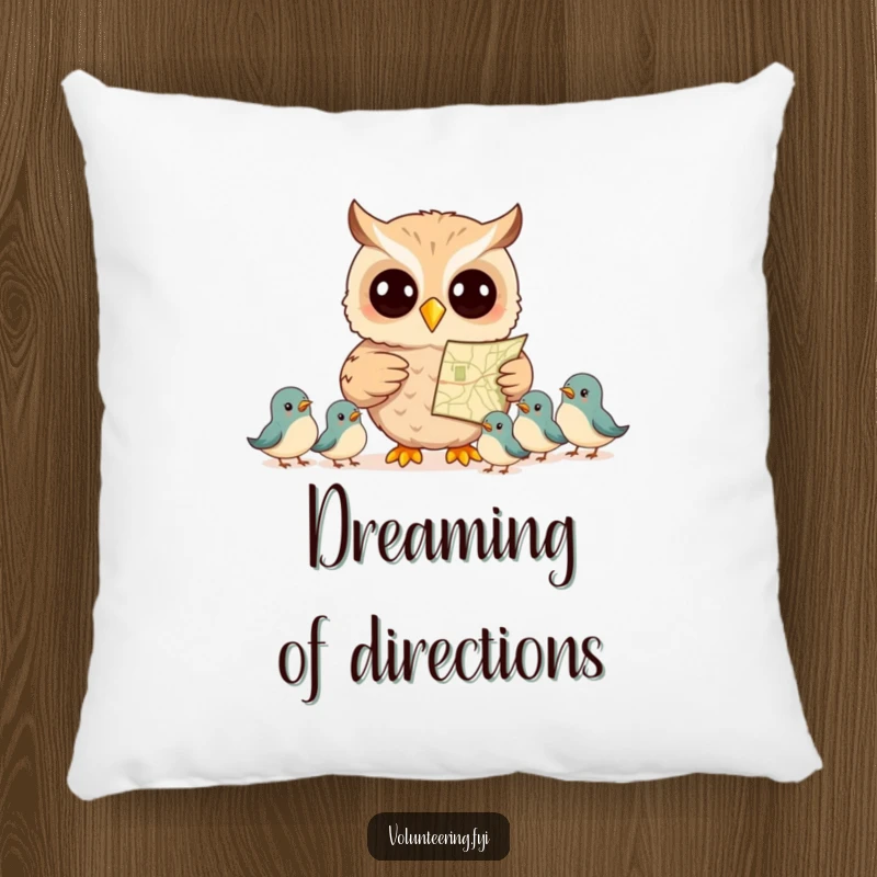 Funny pillow with a smiling owl holding a map and pointing the way for small birds, offering comfort and a humorous decorative accent.