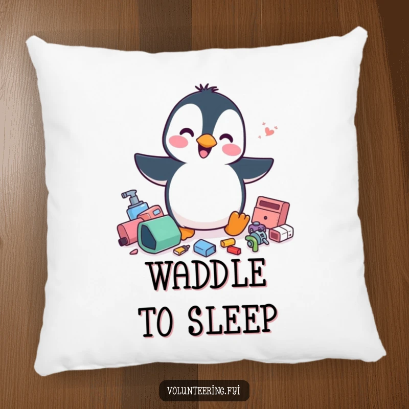 Funny penguin pillow, a playful penguin energetically tidying scattered items, a soft and humorous decor item.