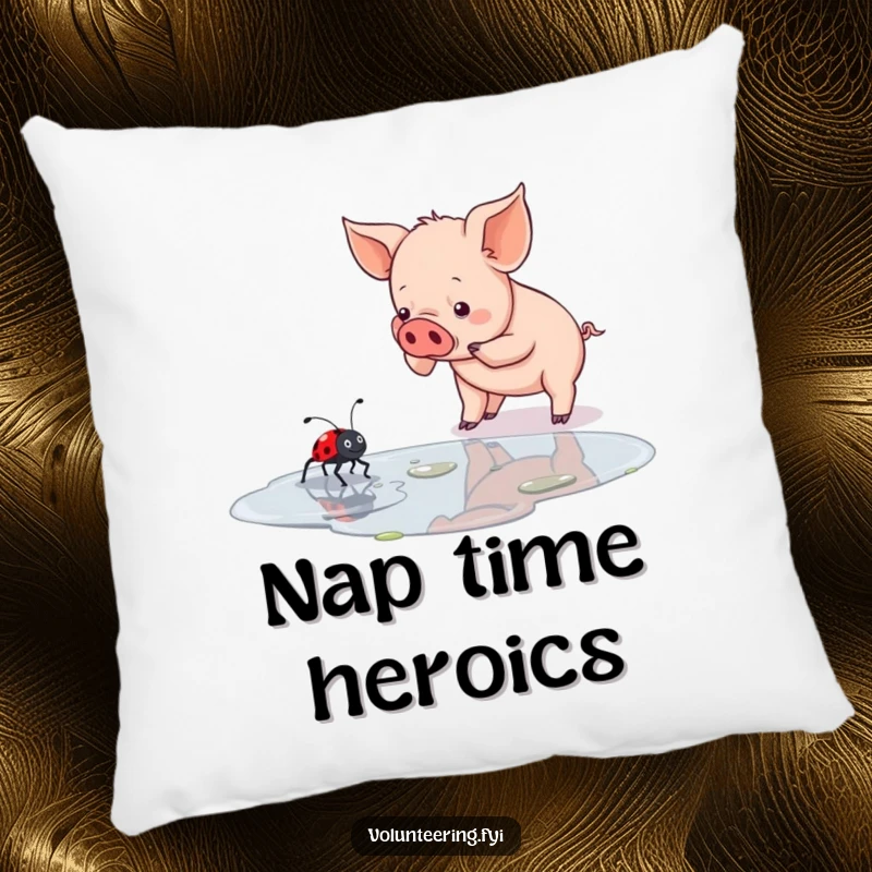 Funny piglet pillow displaying a determined piglet helping a ladybug cross a puddle, a soft cushion celebrating small acts of compassion.