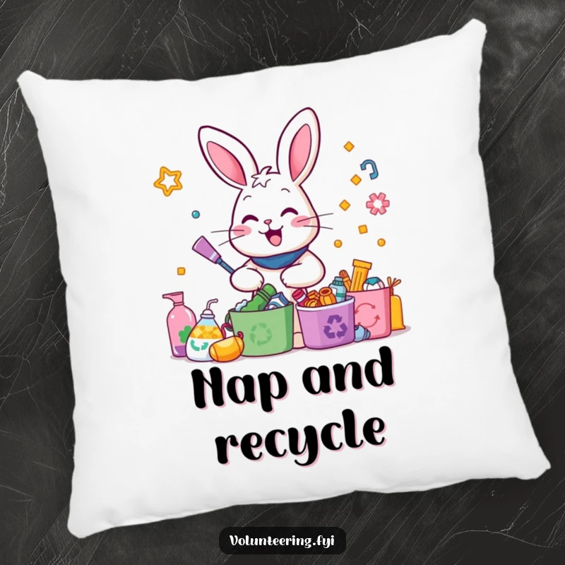 Funny Rabbit Recycling Pillow: A happy rabbit enthusiastically sorts recyclables, adding a touch of humor and eco-friendliness to home decor.