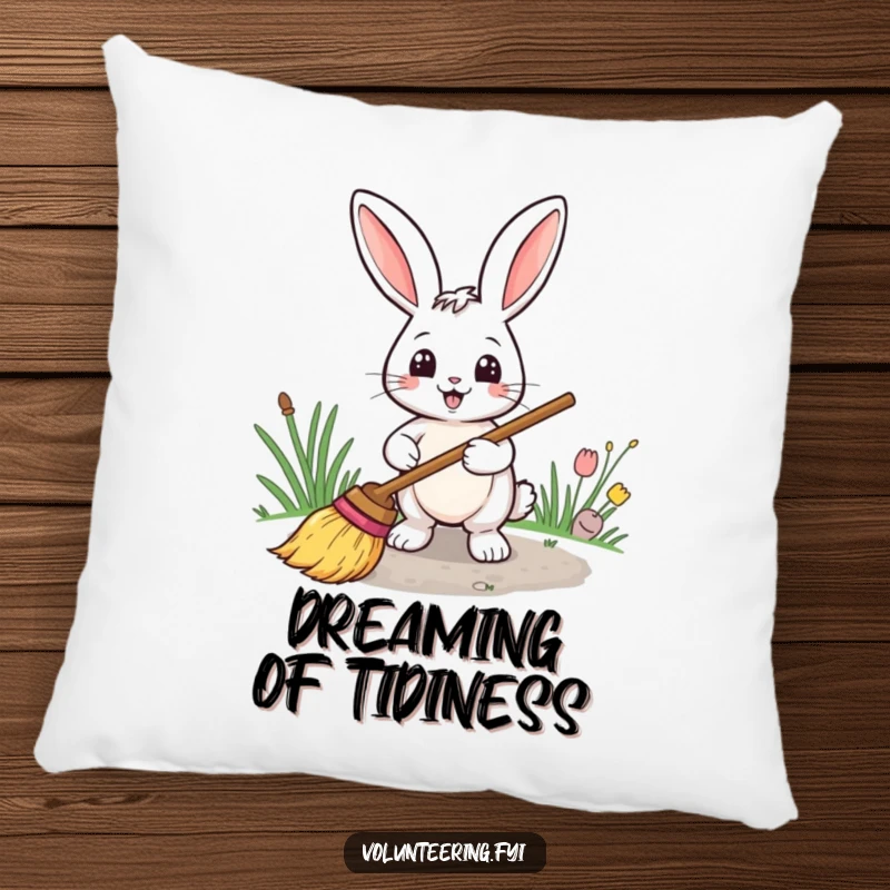 Funny pillow featuring a smiling rabbit with a broom sweeping a path, offering comfort and a touch of tidiness.