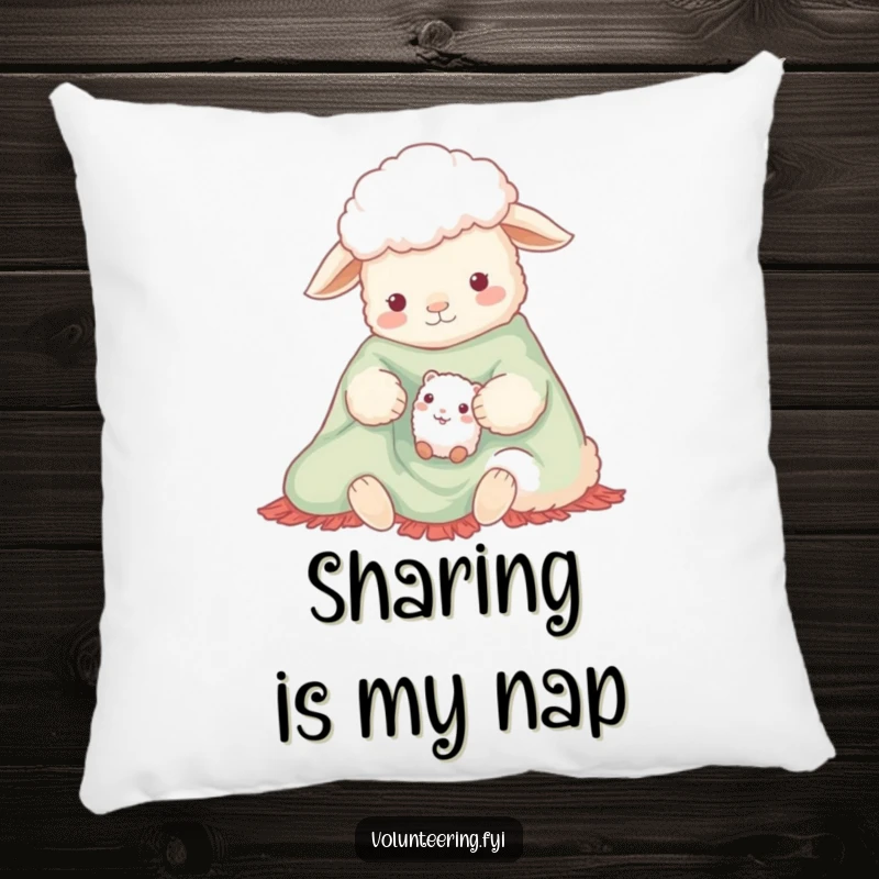Funny pillow showcasing a gentle sheep and a small creature sharing a bright blanket, offering comfort and a humorous, heartwarming visual.