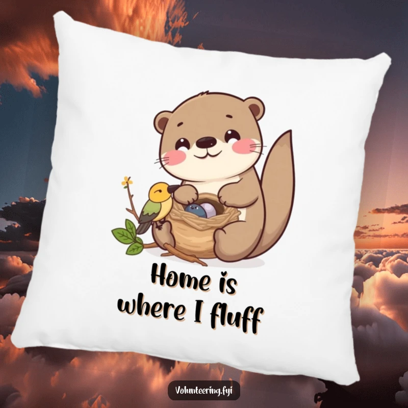 Funny Kawaii otter helping a bird build its nest, plush pillow, cute friendship decor.