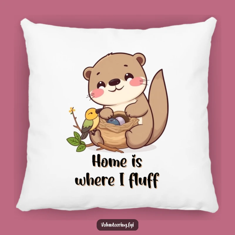 Funny Kawaii Otter Helping Bird Nest Pillow: Friendship Decor Gift