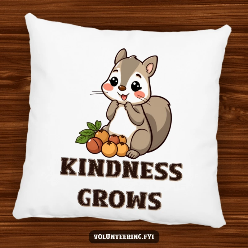Funny Squirrel Nut Pillow: A friendly cartoon squirrel offering nuts to friends, providing cozy comfort and a heartwarming message.