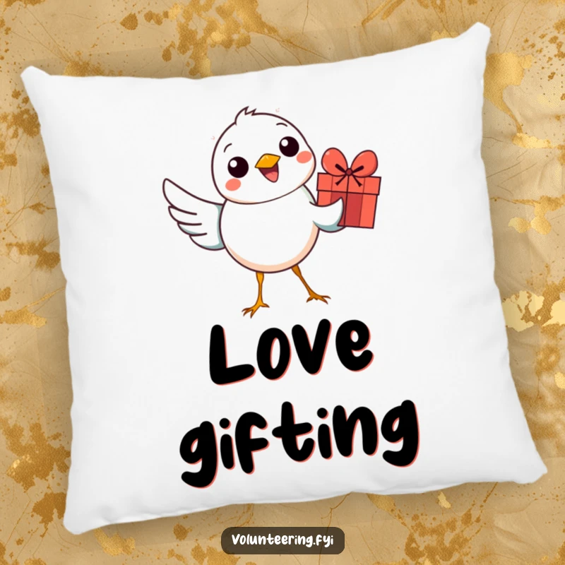 Funny bird pillow featuring a smiling bird with a colorful gift, offering comfort and cute decor for gift lovers.