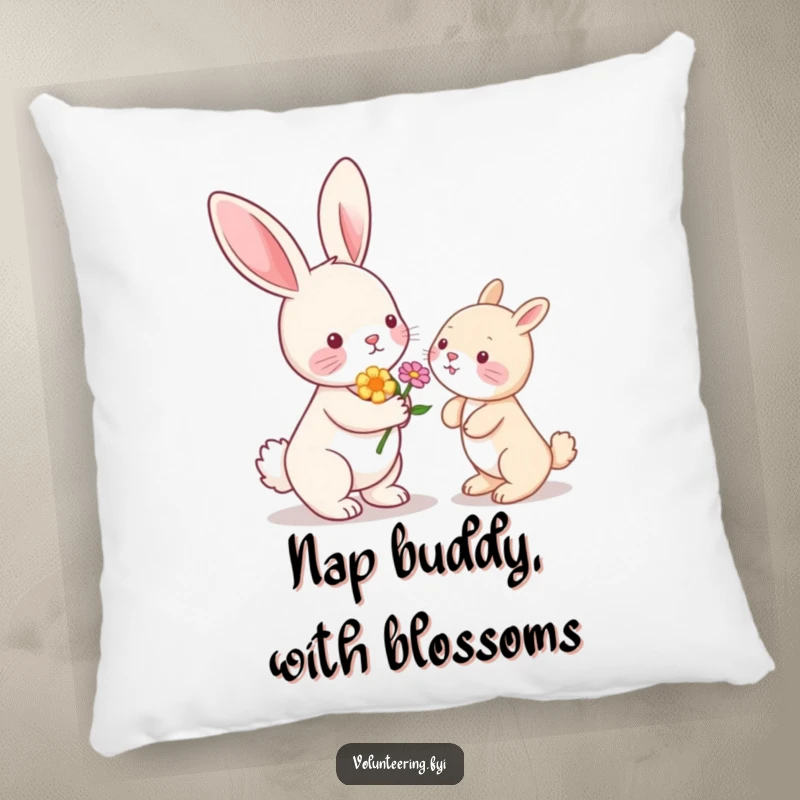 Funny Kawaii bunny rabbit offering a flower to another animal, plush pillow decor, comfort and cuteness.