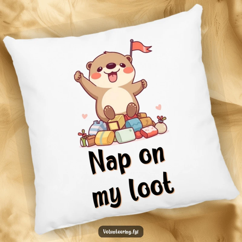 Funny pillow with a playful otter holding a flag atop a pile of items, offering comfort and humor.