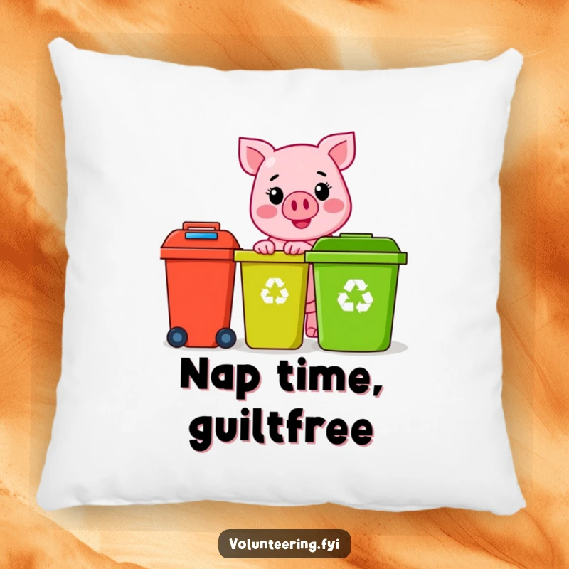 Funny pink pig character with a sunny smile, happily sorting colorful recycling bins, on a soft pillow, a funny eco gift.
