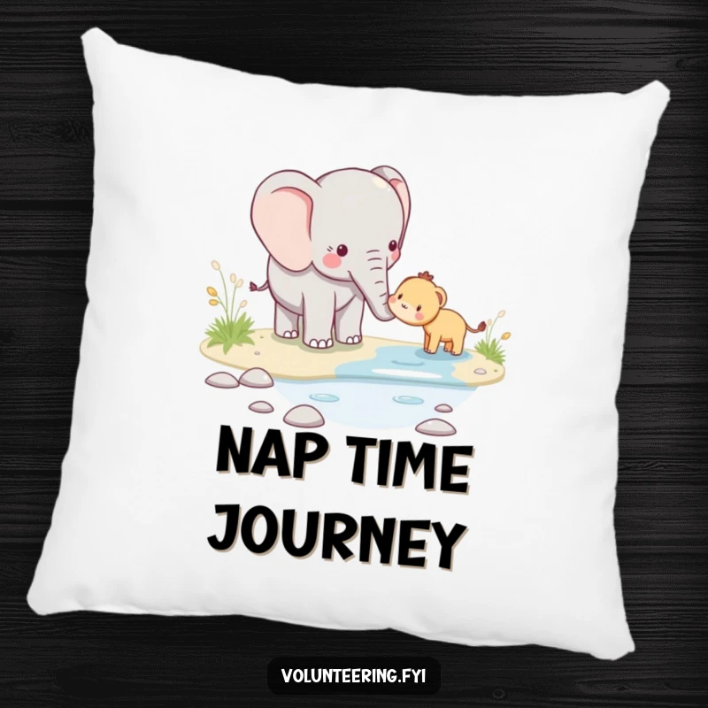 Funny kawaii elephant pillow depicting a sweet scene of an elephant helping a smaller animal across a stream, adding comfort and charm.