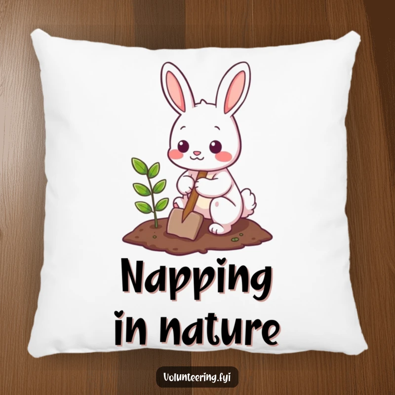 Funny Pillow featuring a cute bunny character planting a small tree with a shovel, offering comfort and a touch of nature-inspired cheer.