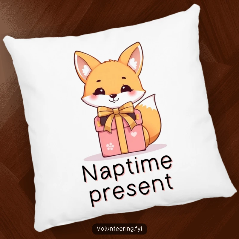 Funny, plush pillow depicting a smiling fox tying a ribbon around a gift box, perfect for adding cute humor.