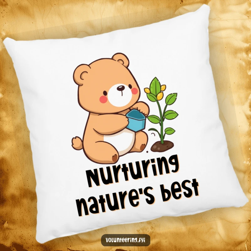 Funny bear pillow, a contented cartoon bear carefully watering a sprouting plant, perfect for cozying up.