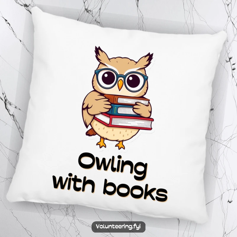 Funny and soft pillow featuring a whimsical owl with spectacles carrying books, symbolizing comfort, knowledge, and a love for reading.