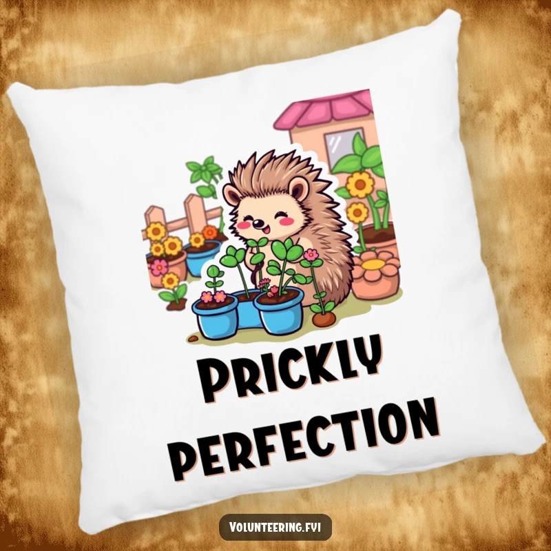 Funny Hedgehog Garden Pillow: A sweet cartoon hedgehog tending to plants in a vibrant garden, providing cozy comfort and a touch of nature.