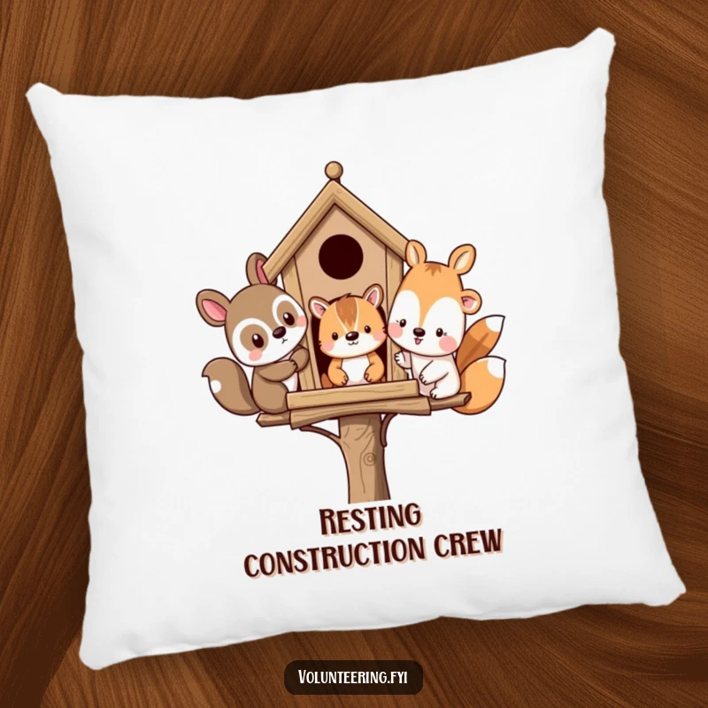 Funny pillow featuring diverse animal friends building a birdhouse, offering comfort and a humorous touch to any sofa or bed.