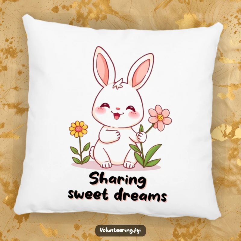 Funny throw pillow with a friendly rabbit smiling and giving a flower, providing humorous comfort and heartwarming charm.