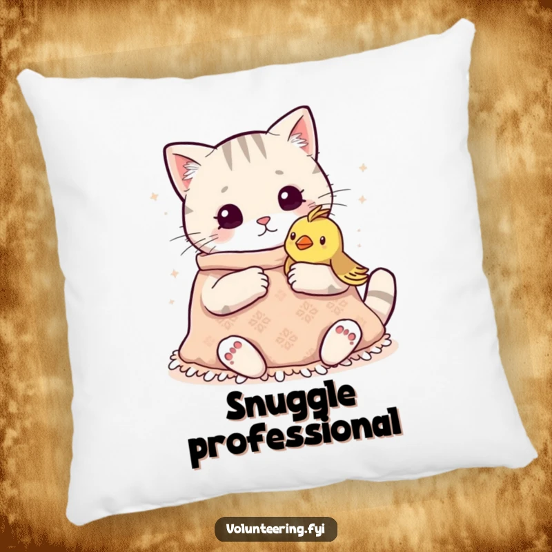 Funny Kawaii Cat Knitting Pillow: Soft and plush pillow with a cat knitting a blanket for a bird, offering comfort and charm.