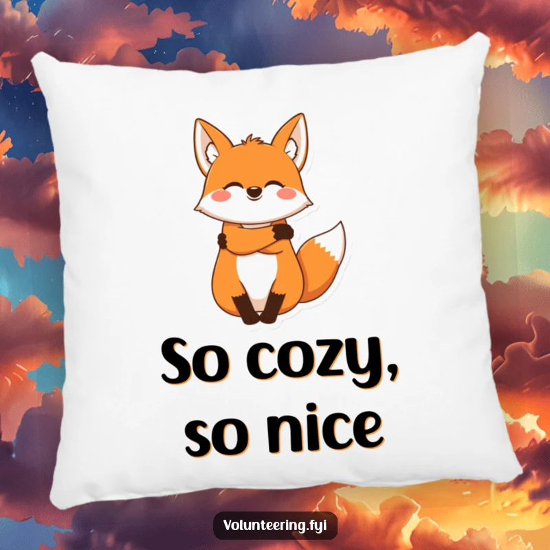 Funny fox pillow, a joyous cartoon fox offering a warm, comforting hug, perfect for cozying up.