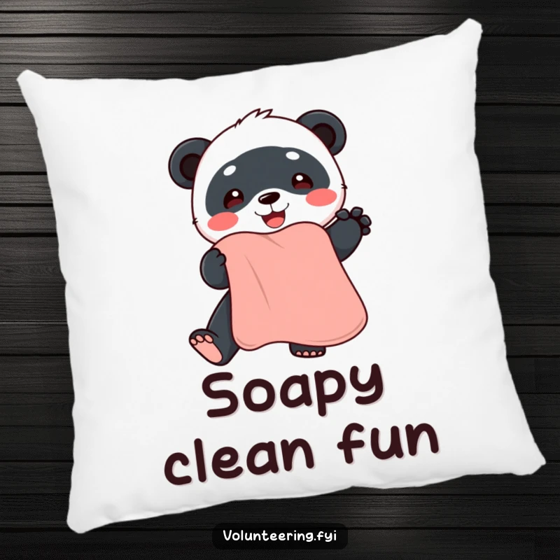 Funny panda pillow, a cuddly cartoon panda holding out a clean, soft towel with a sweet, friendly expression.