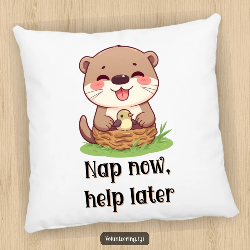 Funny Otter Helping Bird Nest Pillow featuring a joyful otter carefully helping a small bird back into its nest, a plush symbol of comfort.