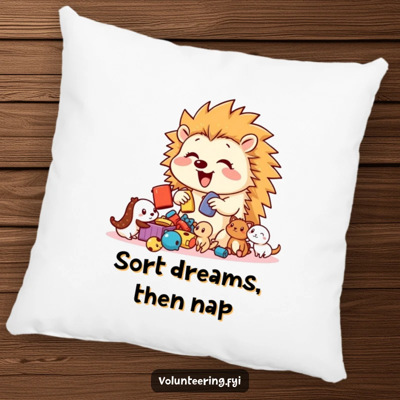Funny Hedgehog Toy Sorter Pillow featuring a bouncy, happy hedgehog sorting toys for a group of smaller, expectant creatures.