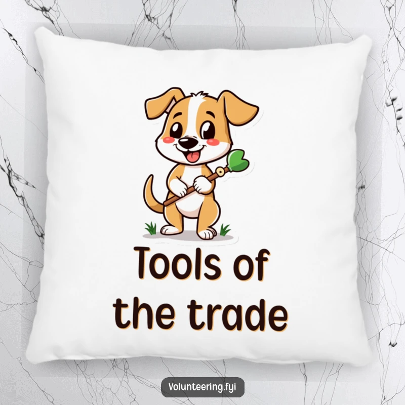 Funny dog pillow featuring a cheerful dog holding a gardening tool, offering comfort and cute decor for garden lovers.