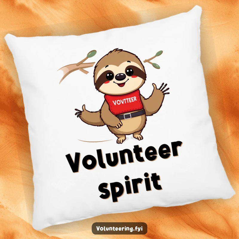 Funny sloth pillow featuring a smiling sloth in a volunteer vest, offering comfort and humor for dedicated helpers and volunteers.