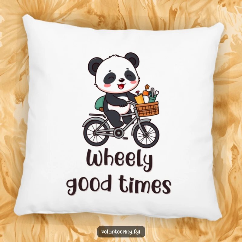 Funny Panda Bike Pillow: A giggling cartoon panda riding a bicycle with supplies, providing cozy comfort and a touch of whimsical fun.