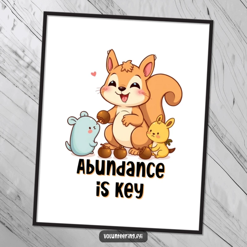 Funny squirrel digital art print of a delighted squirrel sharing acorns, offering instant woodland charm and humorous decor.