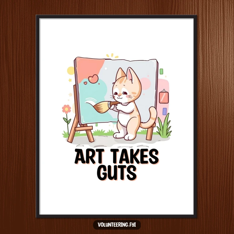 Funny Digital Art Print: A diligent kitten uses a giant brush to paint a community mural, representing artistic effort and charm.