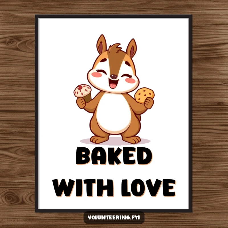 Funny squirrel digital art print, a giggling cartoon squirrel proudly displaying a freshly baked treat, ideal for kitchen art.
