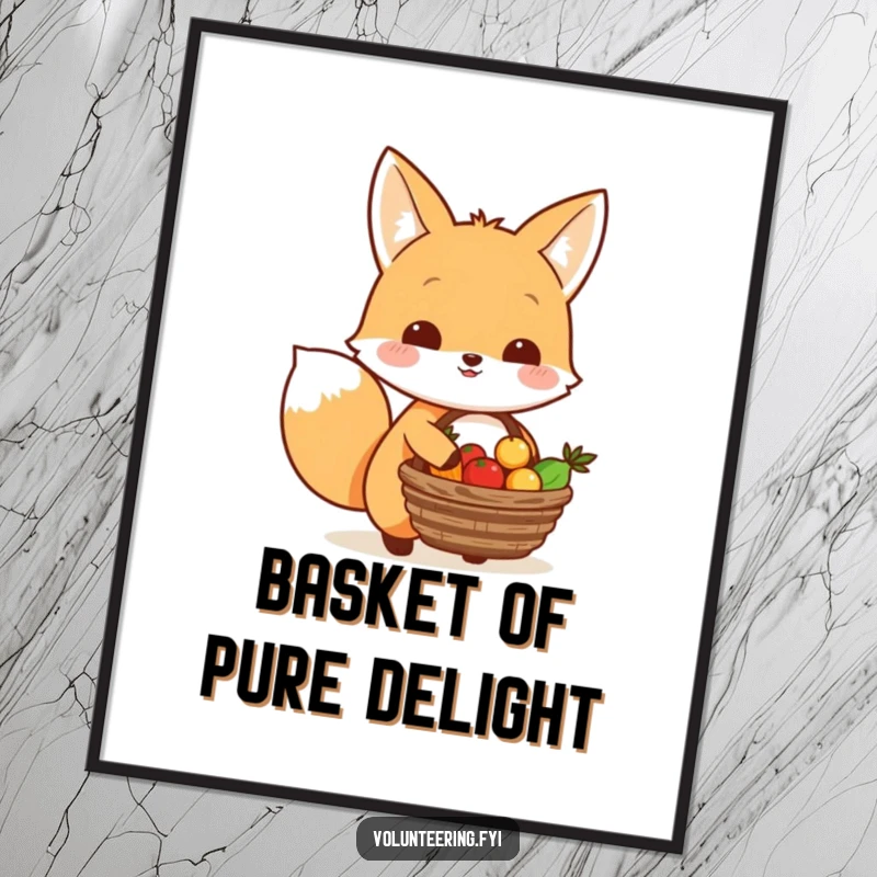Funny Kawaii fox carrying a basket of food to share, cute digital art print for givers.