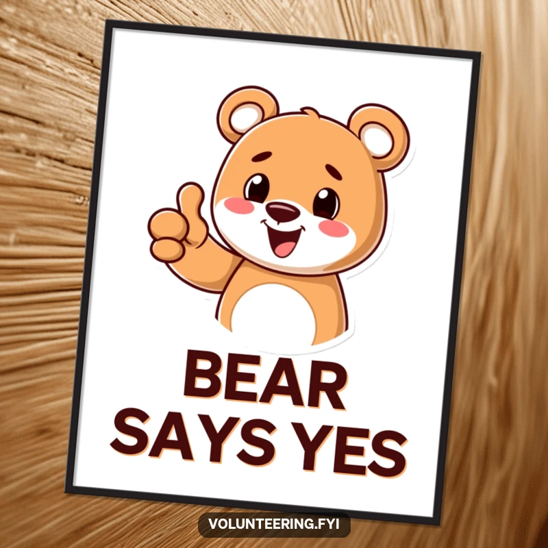 Funny digital art print of a cheerful cartoon bear giving a thumbs up, radiating positivity and good vibes, ideal for instant decor.